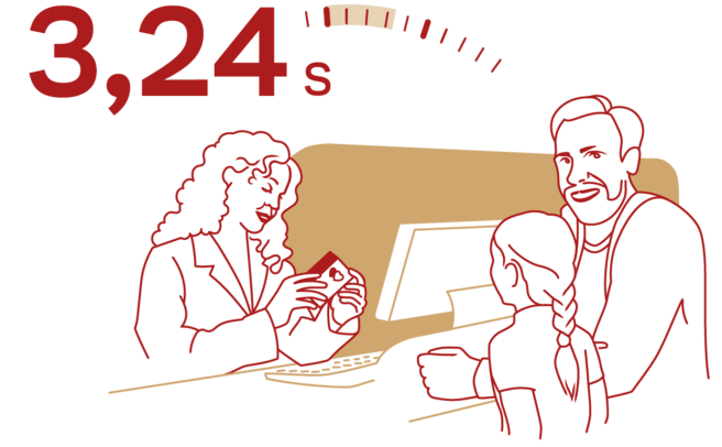 Une femme au comptoir sourit en parlant à un homme et une enfant. Un chronomètre indique "3,24 s". L'image illustre une interaction rapide et amicale.