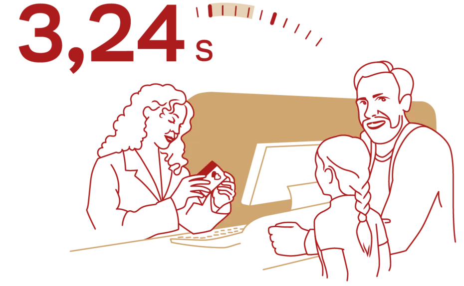 Une femme au comptoir sourit en parlant à un homme et une enfant. Un chronomètre indique "3,24 s". L'image illustre une interaction rapide et amicale.
